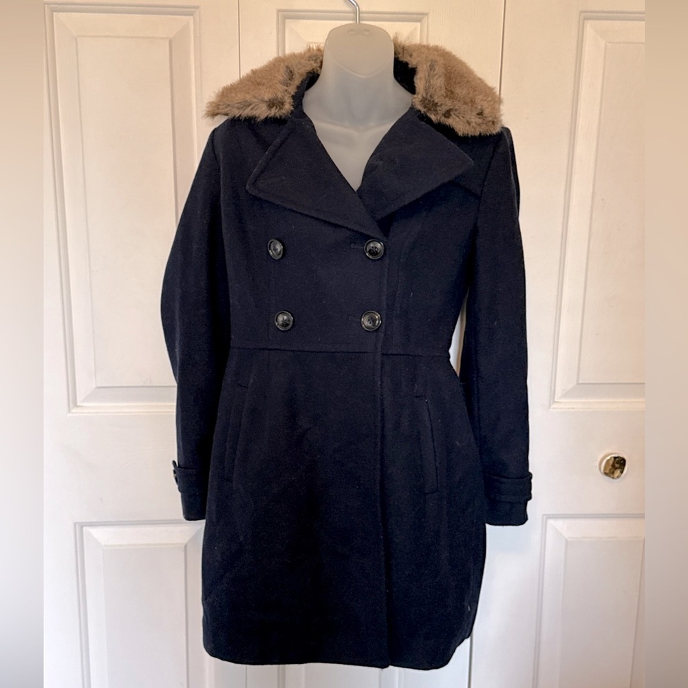 Banana Republic Petite S Wool Double Breasted Lined Pea Coat faux Fur Collar